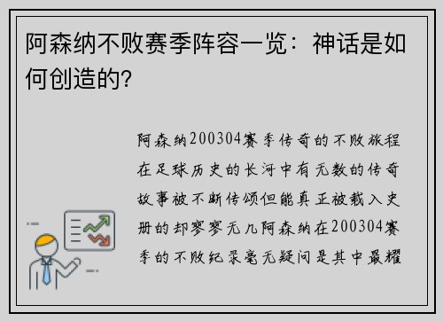 阿森纳不败赛季阵容一览：神话是如何创造的？