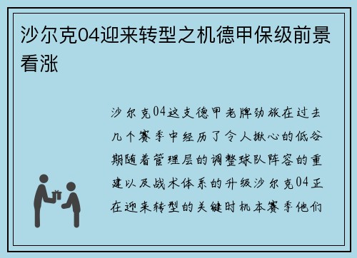 沙尔克04迎来转型之机德甲保级前景看涨