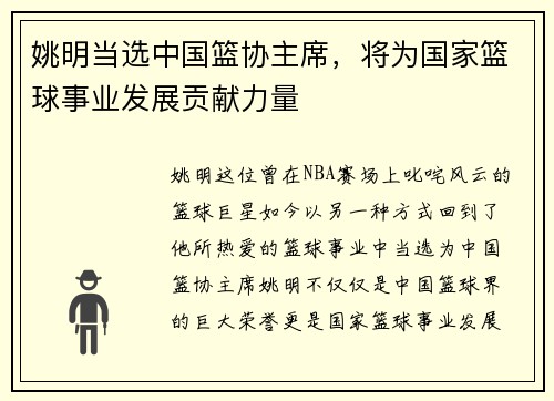姚明当选中国篮协主席，将为国家篮球事业发展贡献力量