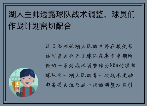 湖人主帅透露球队战术调整，球员们作战计划密切配合