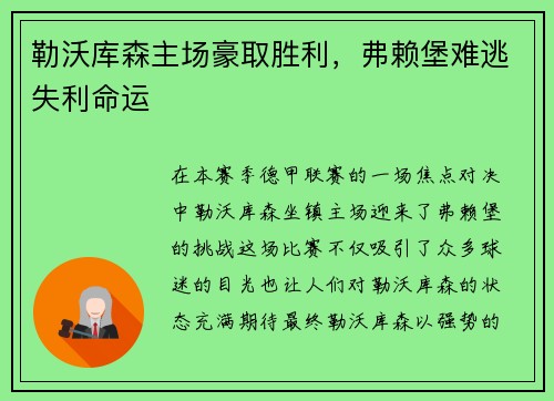 勒沃库森主场豪取胜利，弗赖堡难逃失利命运