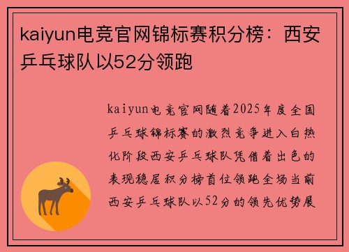 kaiyun电竞官网锦标赛积分榜：西安乒乓球队以52分领跑